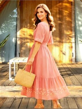 Women’s Pink Tiered Midi Dress with Embroidered Hem